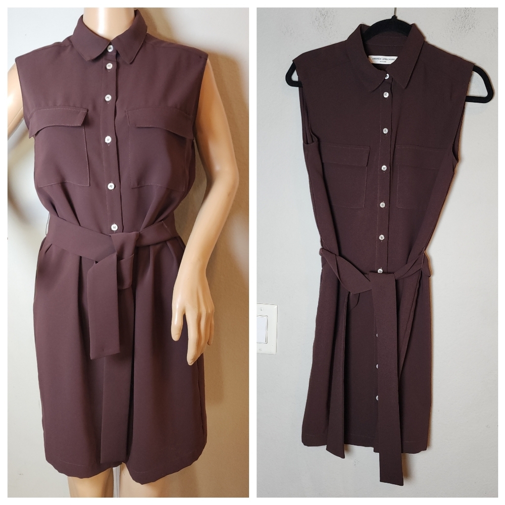Amanda Uprichard Brown Sleeveless Button Front Belted Shirt Dress Size Small